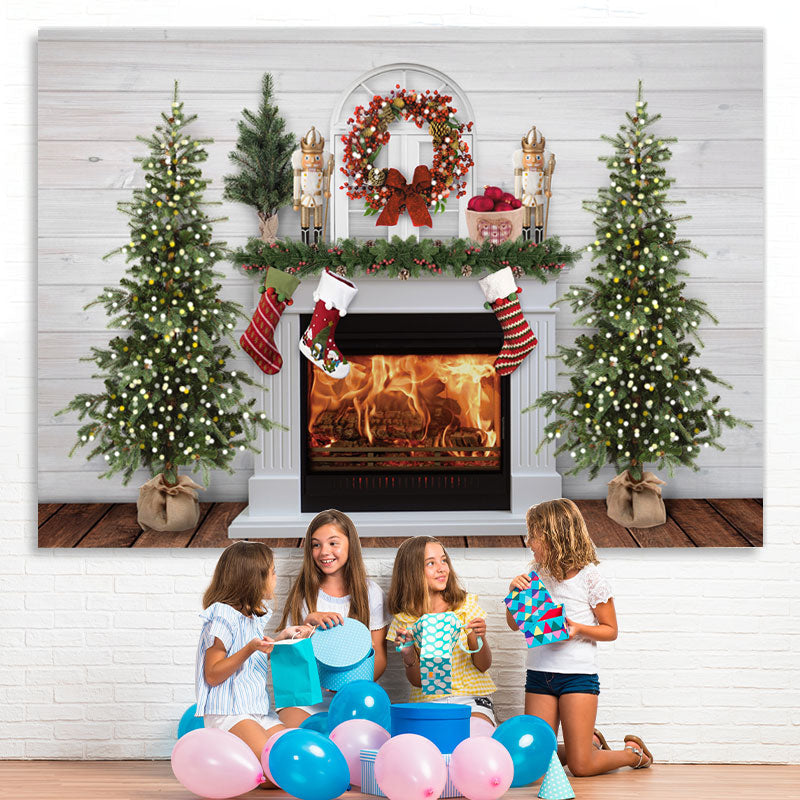 Lofaris Fireplace Snow Socks Christmas Tree Lights White Wall Backdrop