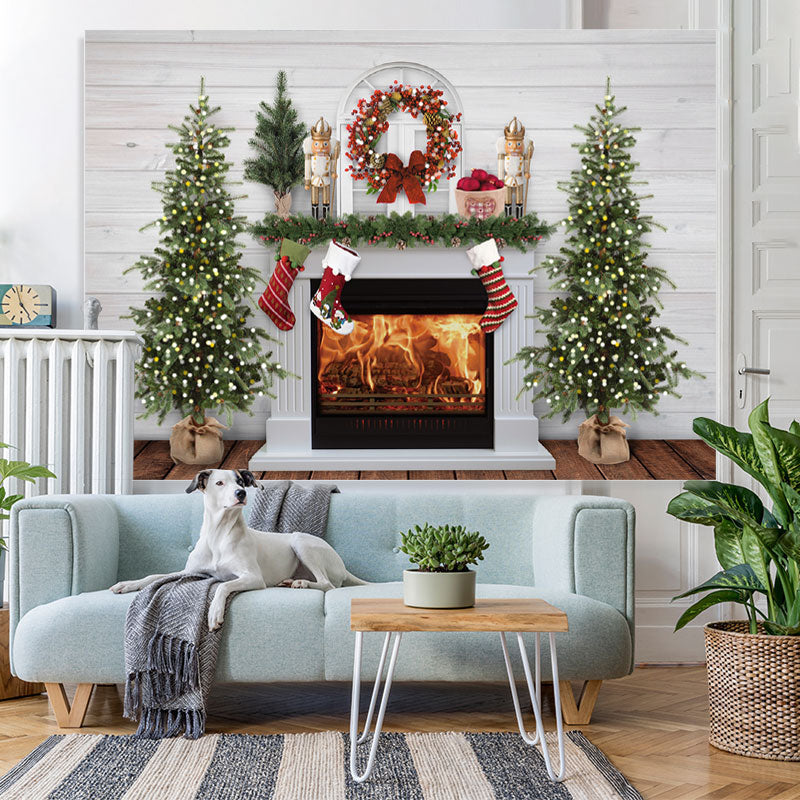 Lofaris Fireplace Snow Socks Christmas Tree Lights White Wall Backdrop