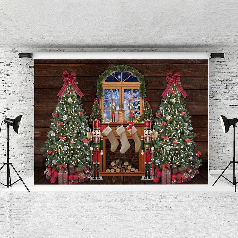 Lofaris Fireplace Stocking Window Wooden Christmas Tree Backdrops