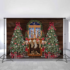 Lofaris Fireplace Stocking Window Wooden Christmas Tree Backdrops