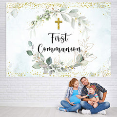 Lofaris First Commumion Light Green Plant Gold Bokeh Backdrop