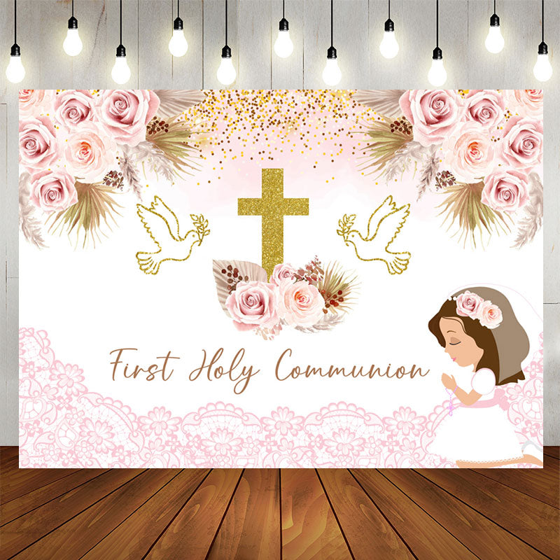 Lofaris First Holy Communion Pink Floral Baptism Backdrop