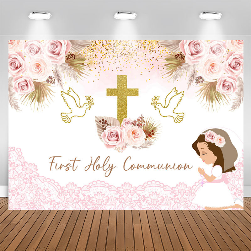 Lofaris First Holy Communion Pink Floral Baptism Backdrop