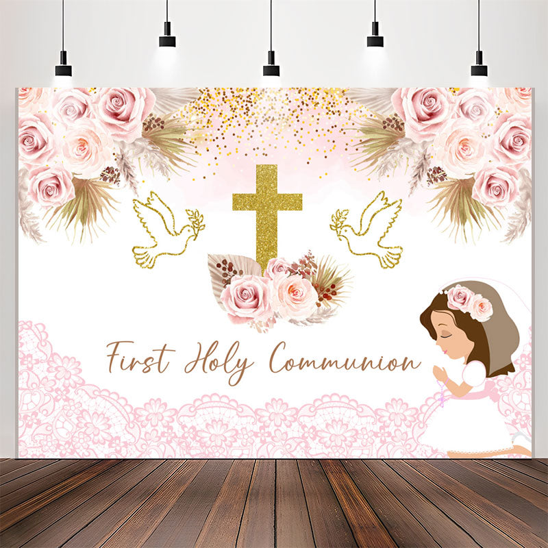 Lofaris First Holy Communion Pink Floral Baptism Backdrop