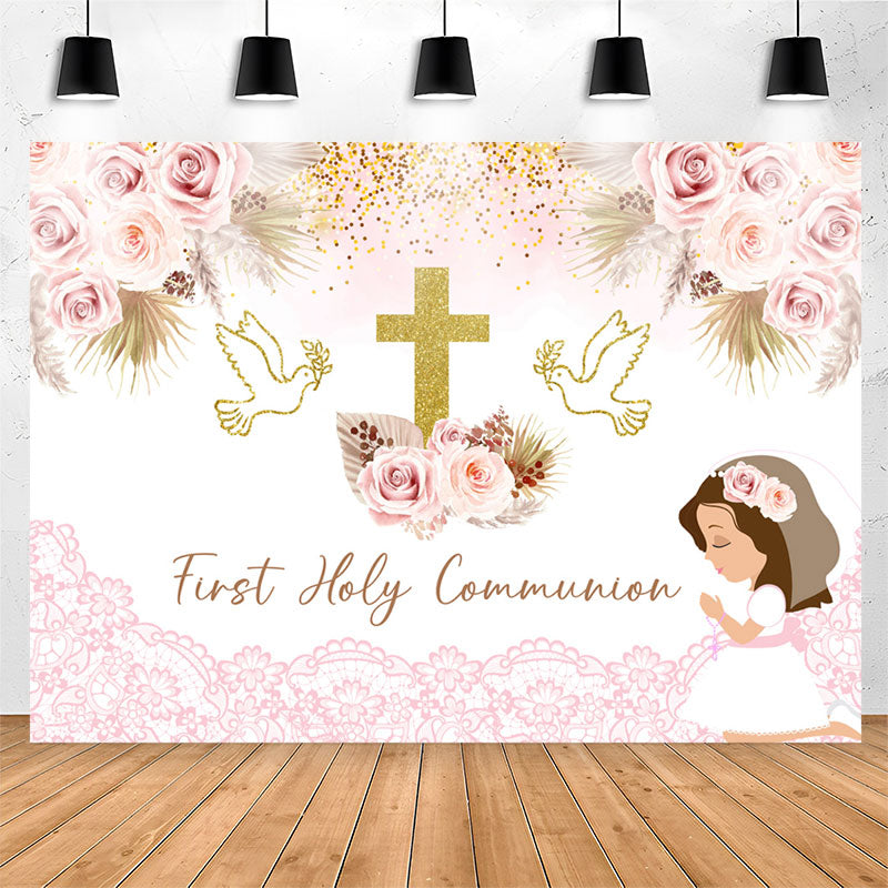 Lofaris First Holy Communion Pink Floral Baptism Backdrop