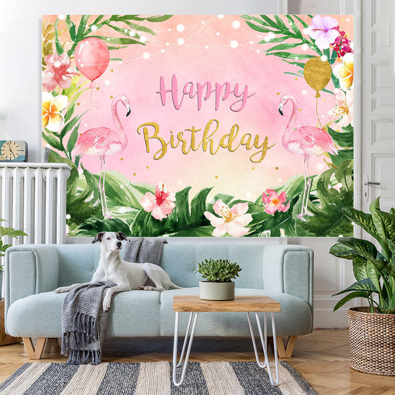 Lofaris Flamingos and Tropical Leaves Pink Birthday Backdrop