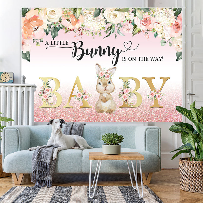 Lofaris Floral And Bunny Pink Glitter Girls Baby Shower Backdrop