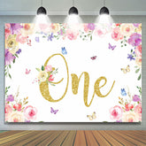 Lofaris Floral And Butterfly Glitter One Birthday Backdrop