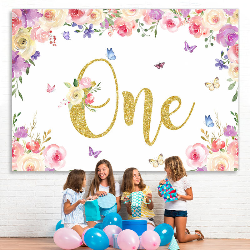 Lofaris Floral And Butterfly Glitter One Birthday Backdrop