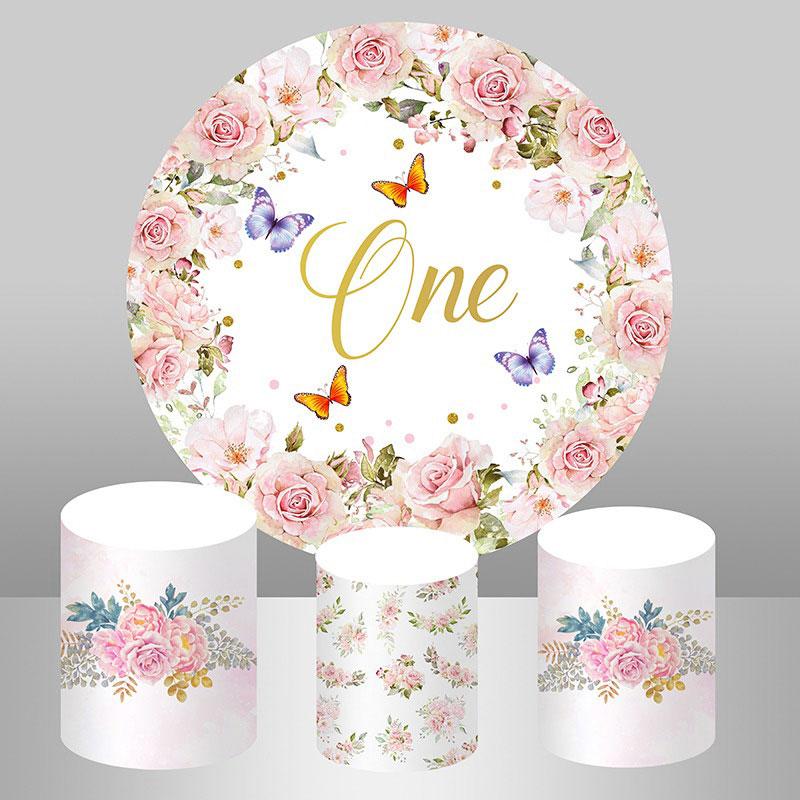 Lofaris Floral And Butterfly Round Happy 1St Birthday Backdrop