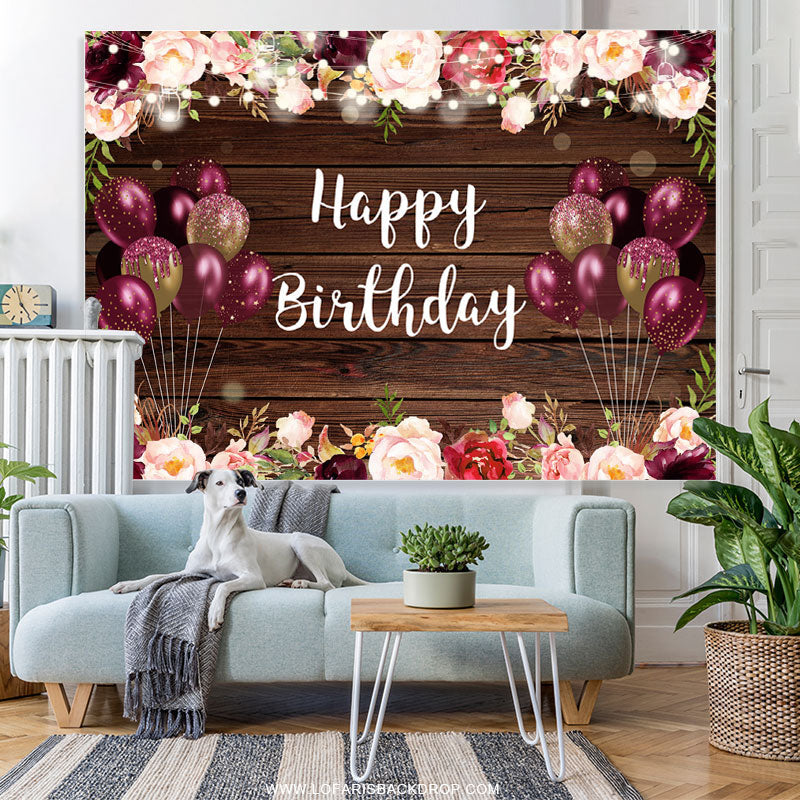 Lofaris Floral And Glitter Balloons Brown Wood Birthday Backdrop
