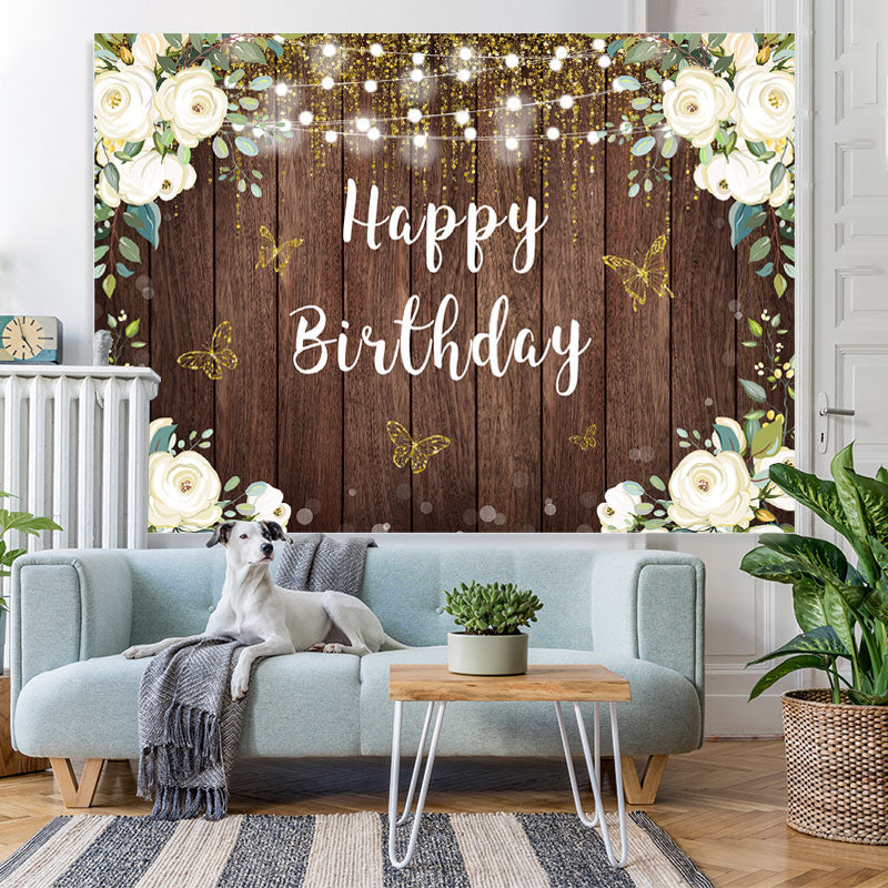 Lofaris Floral And Glitter Butterfly Happy Birthday Backdrop
