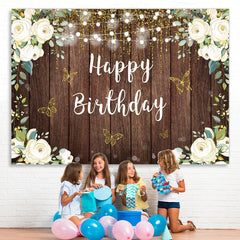 Lofaris Floral And Glitter Butterfly Happy Birthday Backdrop