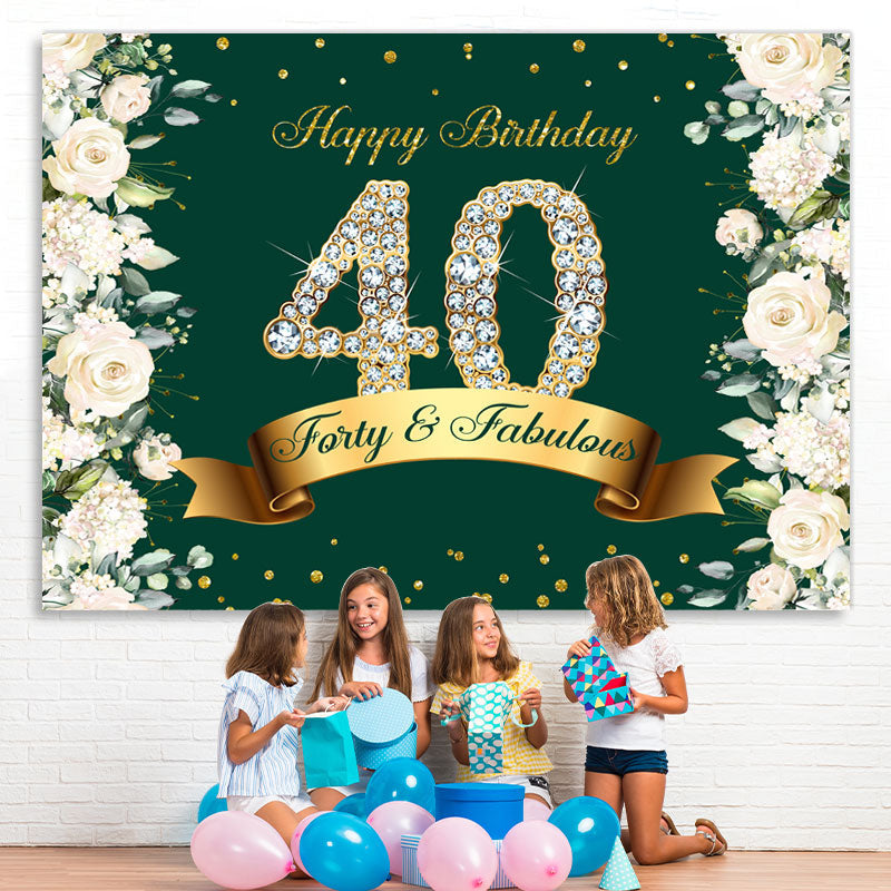 Lofaris Floral And Glitter Green Happy 40Th Birthday Backdrop