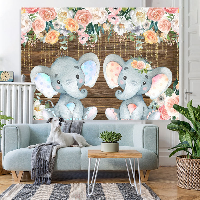 Lofaris Floral And Glitter Lines Elephant Baby Shower Backdrop