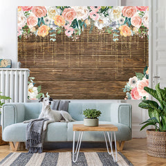 Lofaris Floral And Glitter Lines Wooden Happy Birthday Backdrop