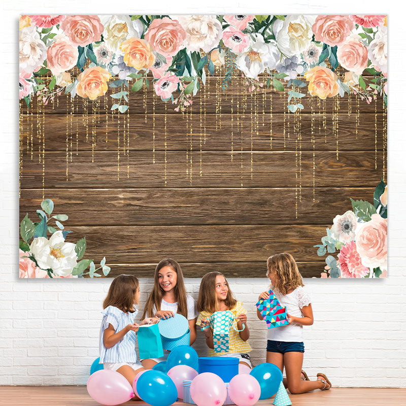 Lofaris Floral And Glitter Lines Wooden Happy Birthday Backdrop