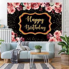Lofaris Floral And Gloden-Black Dots Happy Birthday Backdrop
