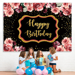 Lofaris Floral And Gloden-Black Dots Happy Birthday Backdrop