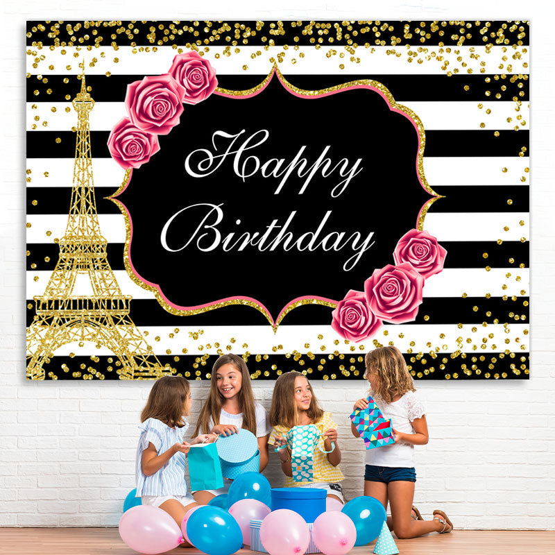 Lofaris Floral And Gold Eiffel Tower Glitter Birthday backdrop