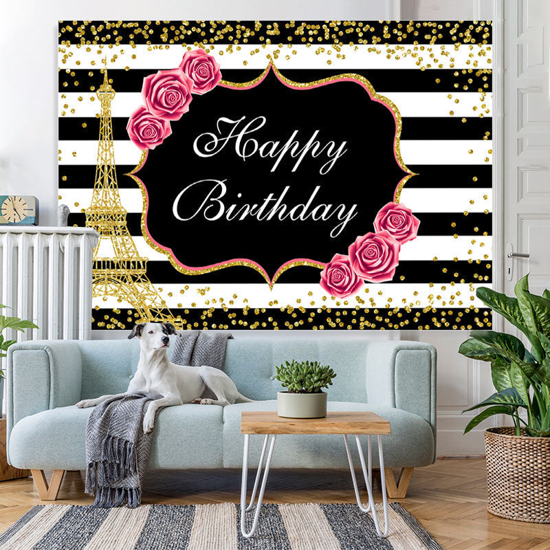Lofaris Floral And Gold Eiffel Tower Glitter Birthday backdrop