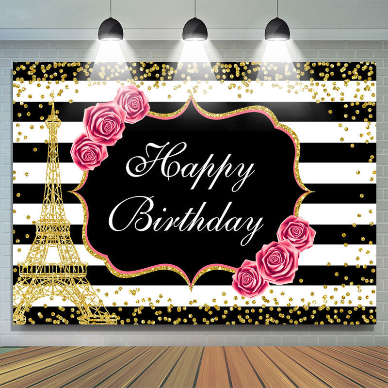 Lofaris Floral And Gold Eiffel Tower Glitter Birthday backdrop
