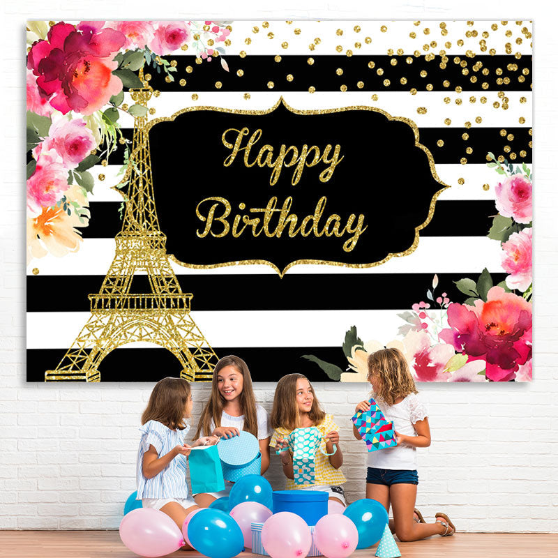 Lofaris Floral And Gold Eiffel Tower Happy Birthday backdrop