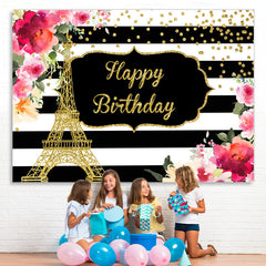 Lofaris Floral And Gold Eiffel Tower Happy Birthday backdrop