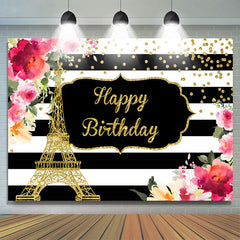 Lofaris Floral And Gold Eiffel Tower Happy Birthday backdrop
