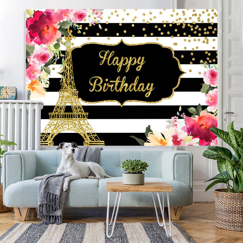 Lofaris Floral And Gold Eiffel Tower Happy Birthday backdrop
