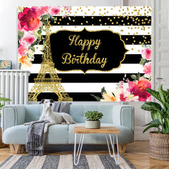 Lofaris Floral And Gold Eiffel Tower Happy Birthday backdrop