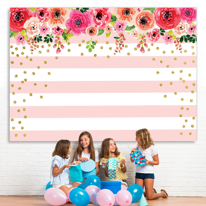 Lofaris Floral and Golden Dots Pink White Stripes Backdrop
