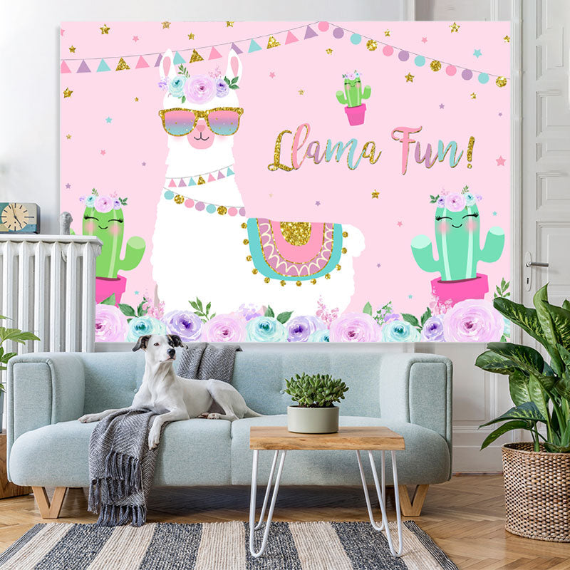 Lofaris Floral And Llama With Cactus Pink Baby Shower Backdrop