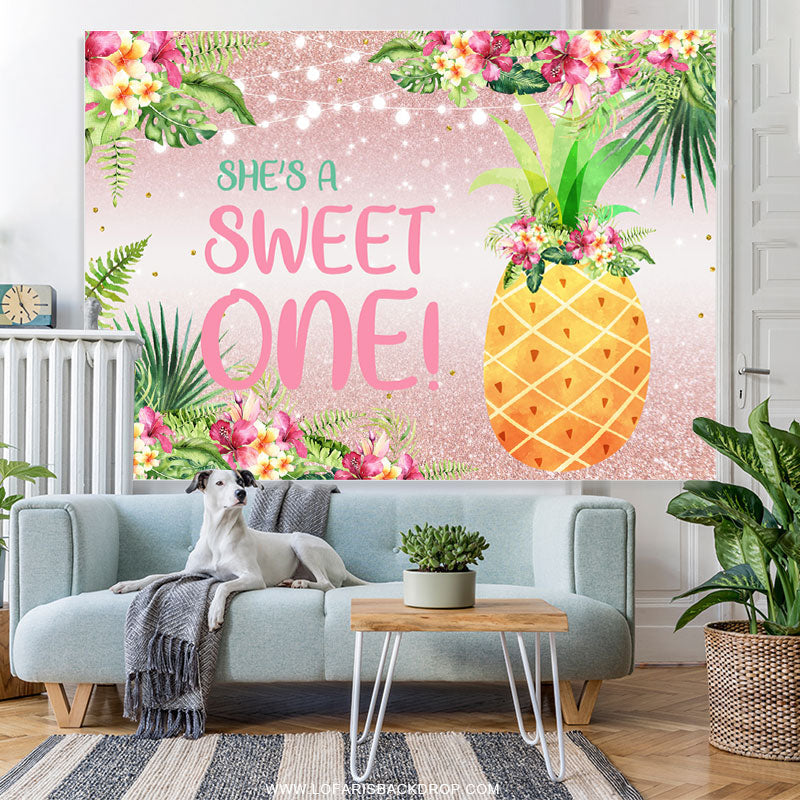 Lofaris Floral And Pineapple Pink Glitter 1st Birthday Backdrop