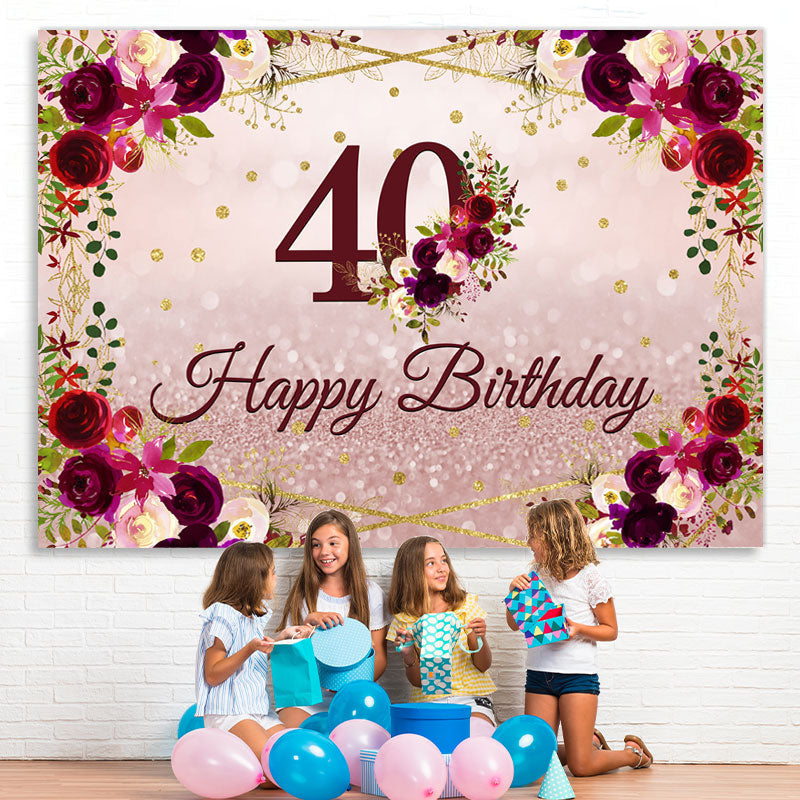Lofaris Floral And Pink Glitter Happy 40th Birthday Backdrop