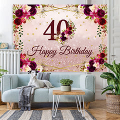 Lofaris Floral And Pink Glitter Happy 40th Birthday Backdrop