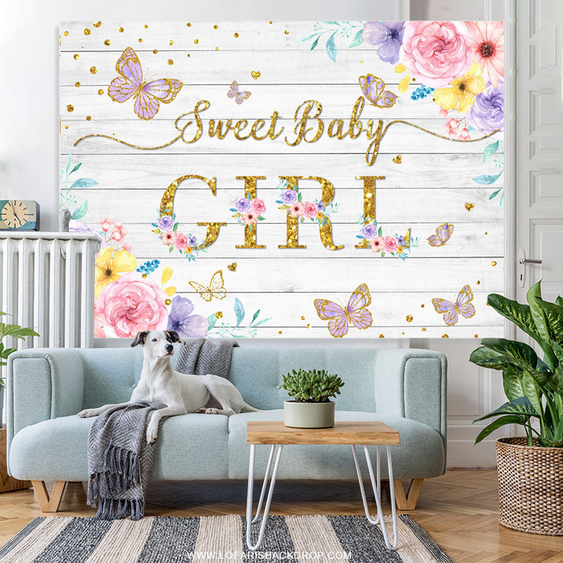 Lofaris Floral And Purple Glitter Butterfly Baby Shower Backdrop