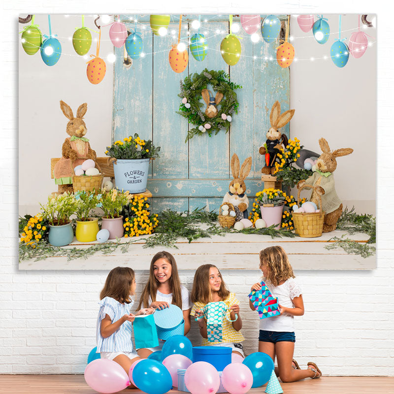 Lofaris Floral And Rabbit Glitter Happy Easter Day Backdrop