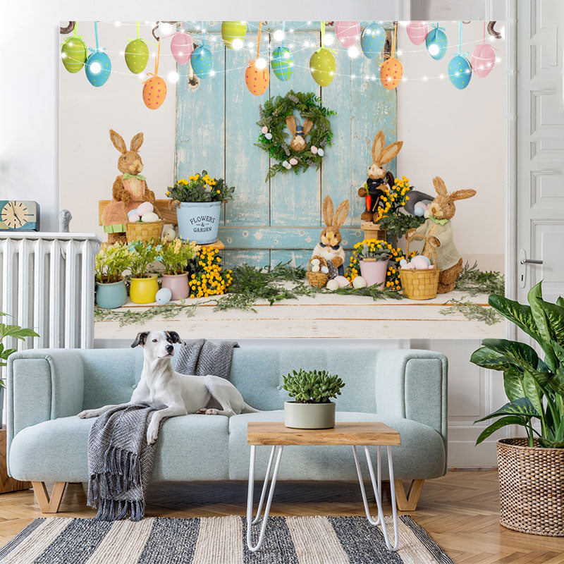 Lofaris Floral And Rabbit Glitter Happy Easter Day Backdrop