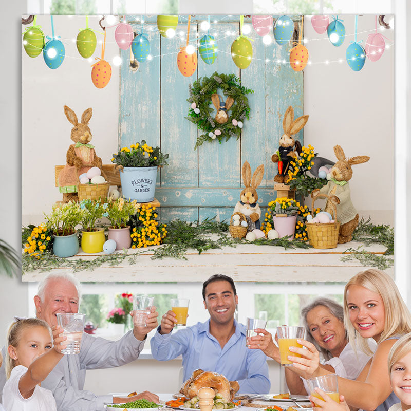 Lofaris Floral And Rabbit Glitter Happy Easter Day Backdrop