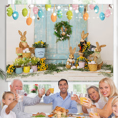 Lofaris Floral And Rabbit Glitter Happy Easter Day Backdrop