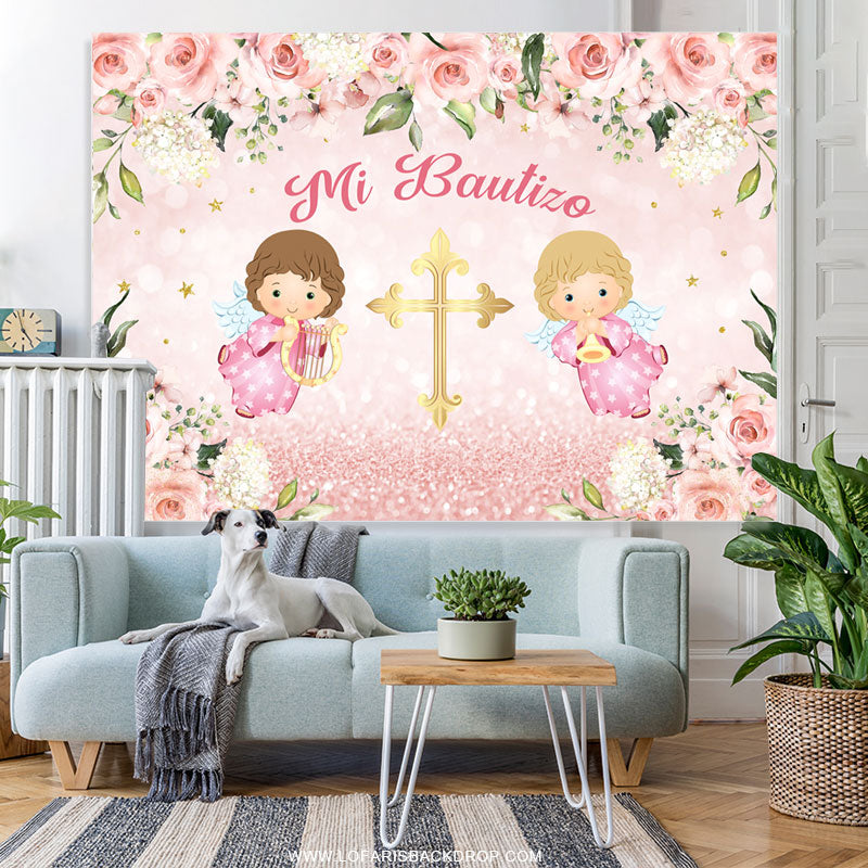 Lofaris Floral Baby Pink Cross Mi Bautizo Girl Backdrop