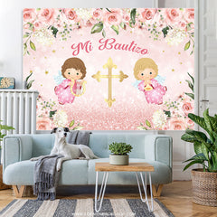 Lofaris Floral Baby Pink Cross Mi Bautizo Girl Backdrop