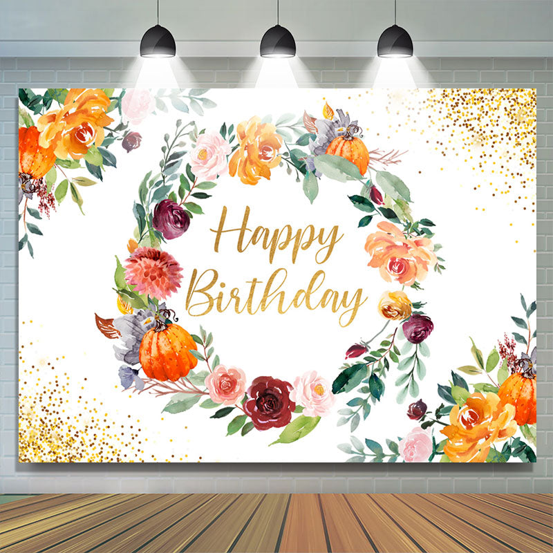 Lofaris Floral Circle With Golden Dots Happy Birthday Backdrop