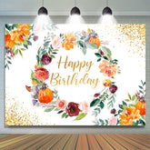 Lofaris Floral Circle With Golden Dots Happy Birthday Backdrop