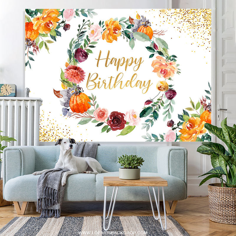 Lofaris Floral Circle With Golden Dots Happy Birthday Backdrop