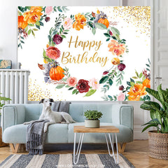 Lofaris Floral Circle With Golden Dots Happy Birthday Backdrop