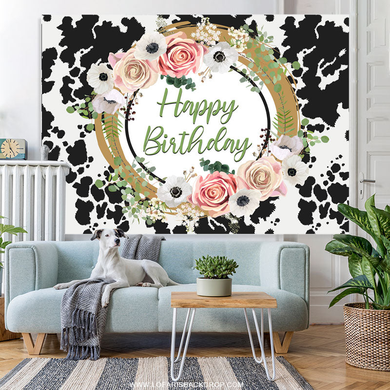 Lofaris Floral Cow Pattern Happy Birthday Backdrop For Female