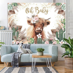 Lofaris Floral Cow With Cactus Boho Baby Shower Backdrop