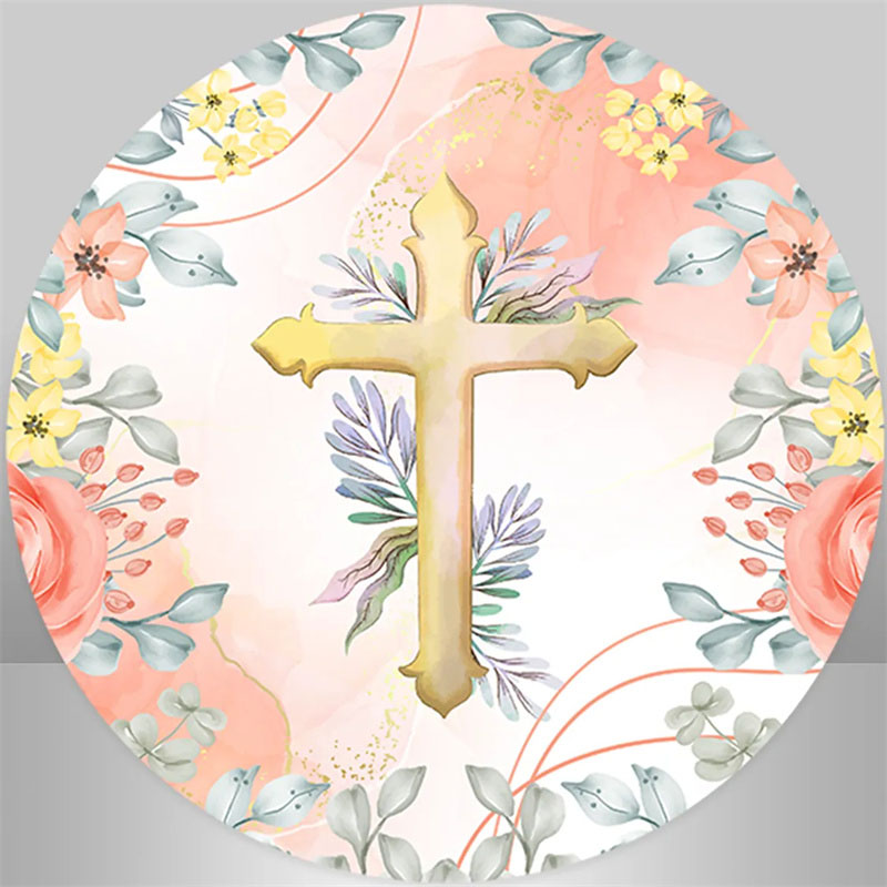 Lofaris Floral Cross Happy Baptism Round Backdrop Kit